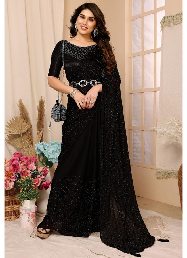 Chiffon Black Party Wear Stone Work Saree